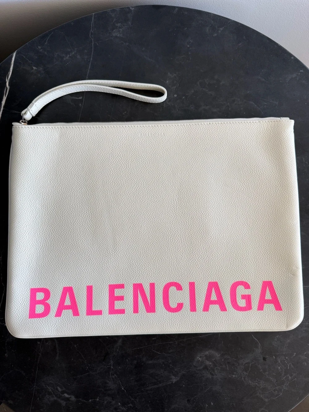 Brand New Balenciaga White Leather Clutch with Hot Pink Logo